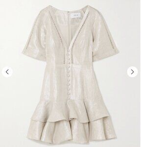 JOSLIN Gwen embellished cotton lace-trimmed metallic linen mini dress